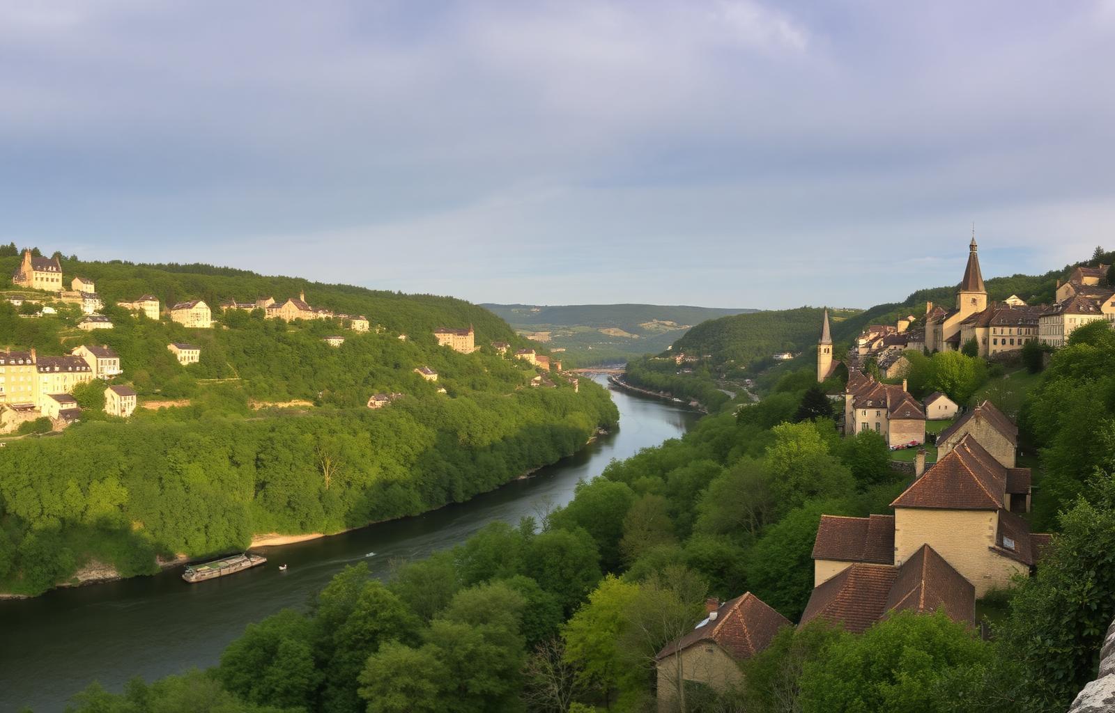 Vue panoramique de la vallée de la Dordogne avec ses villages, ses falaises et la rivière en méandre